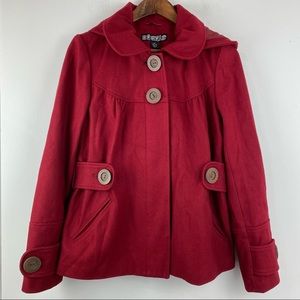 Static size Medium Women’s Red Wool Blend Button Up Hooded Jacket
